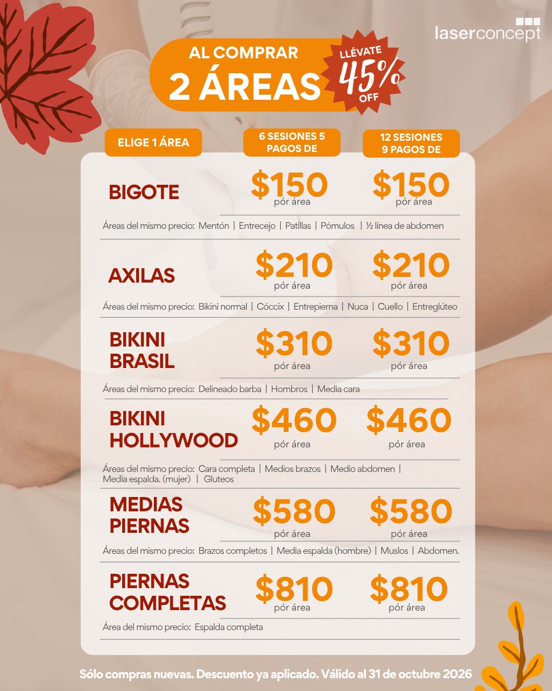 Precios con 45 % de descuento al comprar 2 áreas, en pagos de: bigote $150, axilas $210, bikini brasil $310, bikini Hollywood $460, medias piernas $580 y piernas completas $810